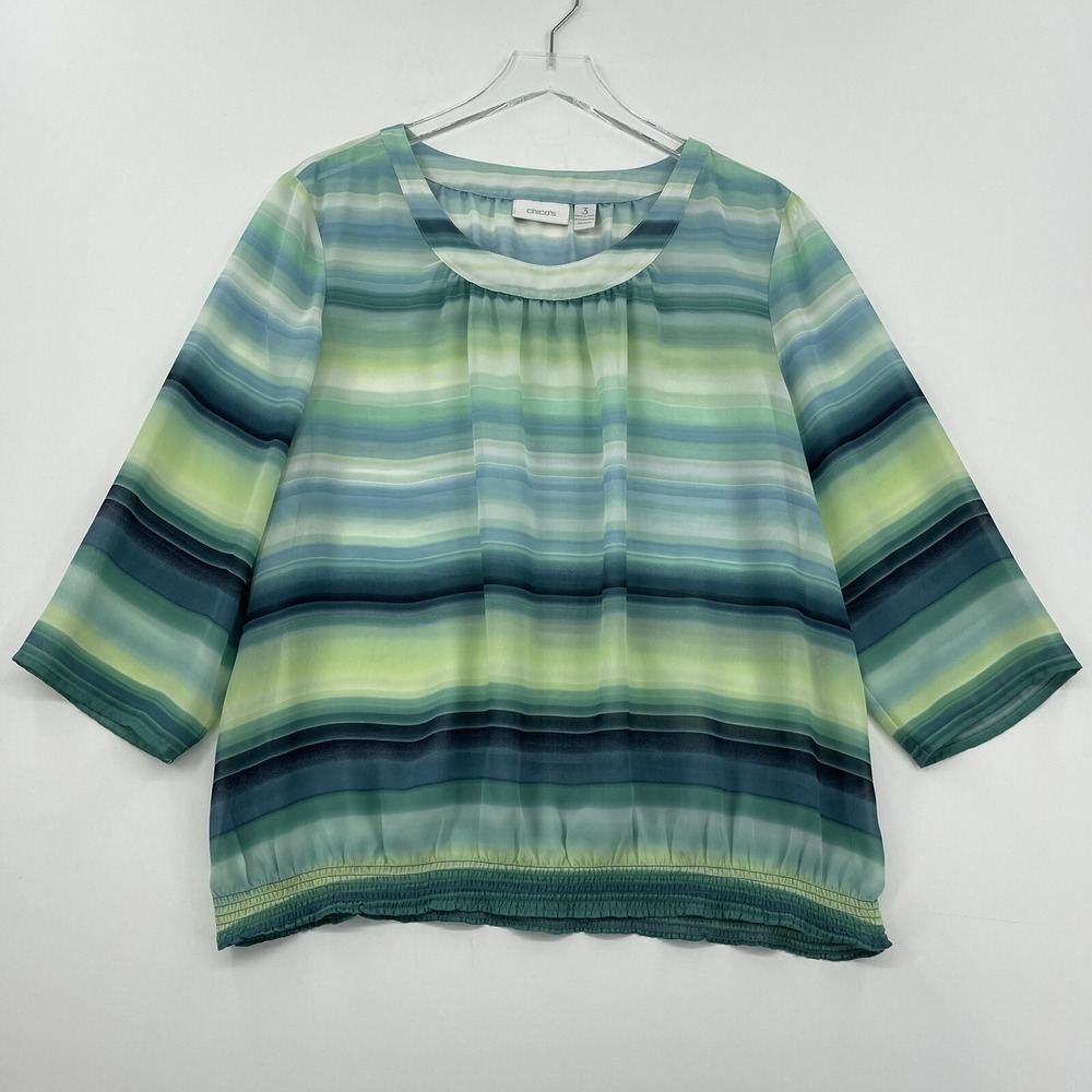 Chico's Blouse Womens Top Size 3 Plus Blue Sheer 3/4 Sleeve Round Neck Shirt